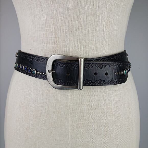 VTG SZ L Black Leather Handcrafted Belt Turquoise Gems Silver Studs Made USA main image 9